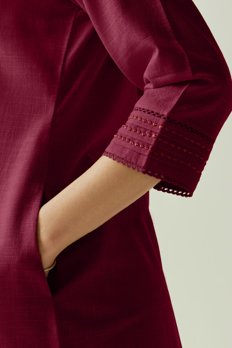 Maroon Handcrafted Straight Gauze Slub Kurta