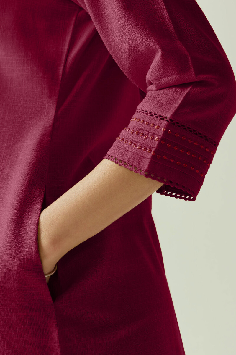 Maroon Handcrafted Straight Gauze Slub Kurta