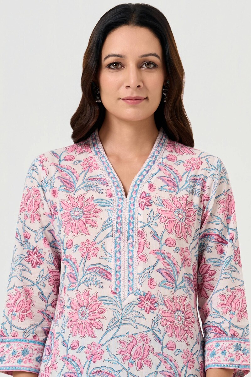 White Hand Block Printed Straight Cotton Kurta
