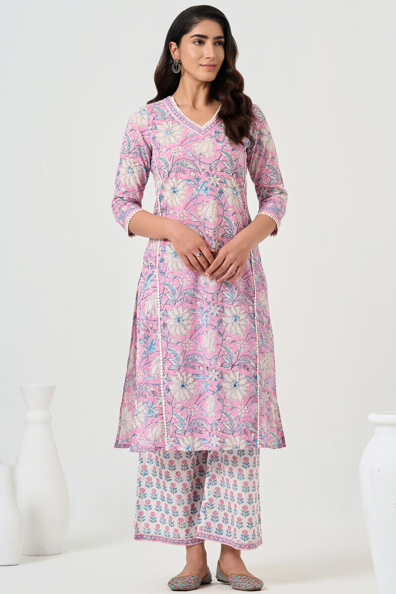 Pink Hand Block Printed Straight Cotton Kurta
