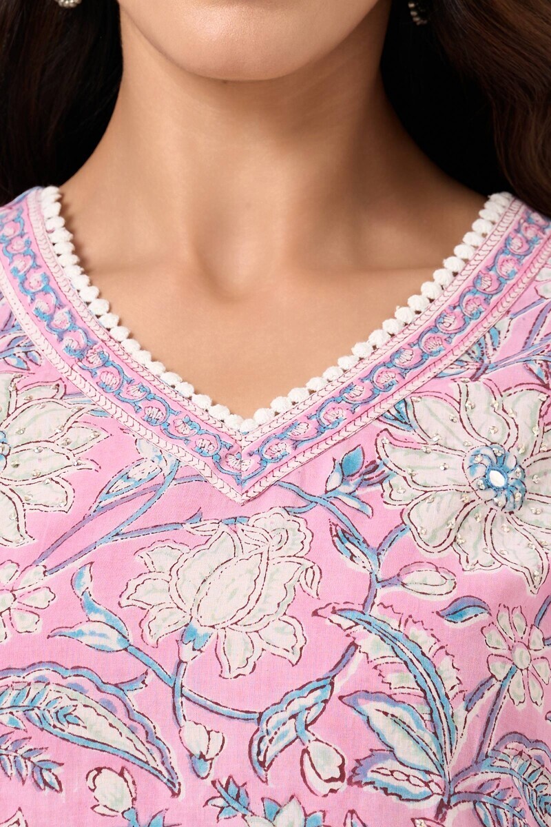 Pink Hand Block Printed Straight Cotton Kurta
