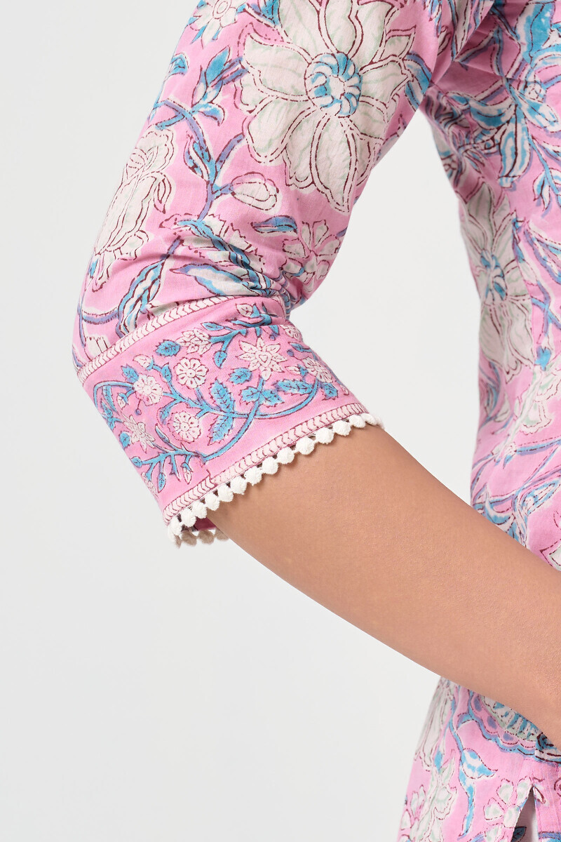 Pink Hand Block Printed Straight Cotton Kurta