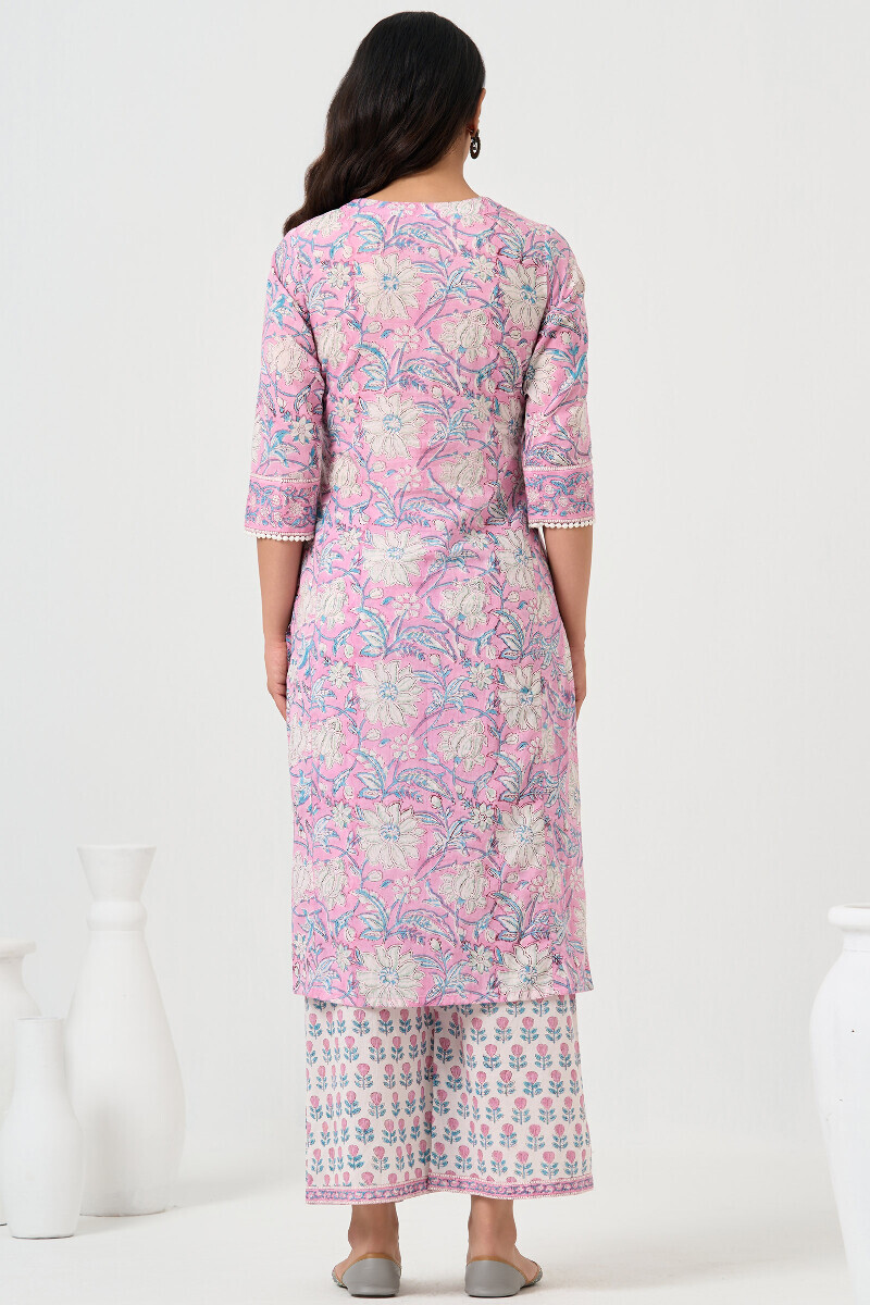 Pink Hand Block Printed Straight Cotton Kurta