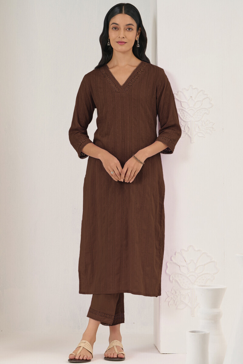 Brown Handcrafted Straight Ram Buta Kurta