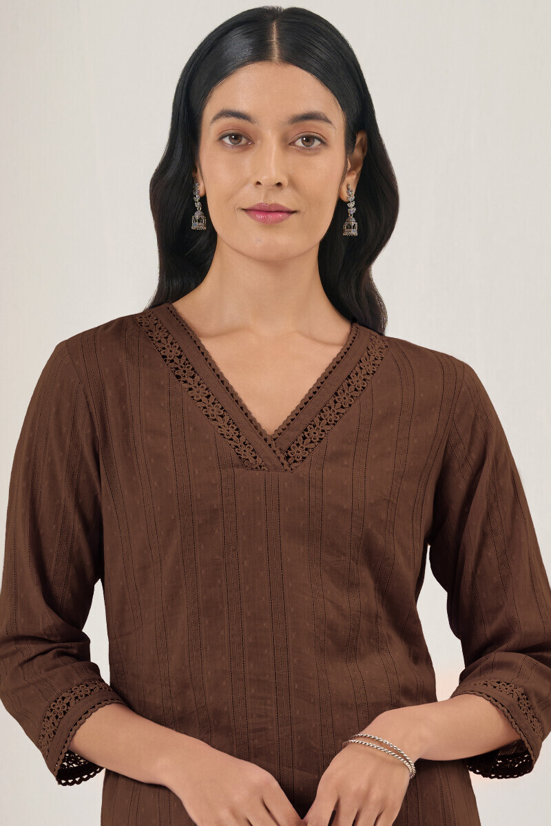 Brown Handcrafted Straight Ram Buta Kurta