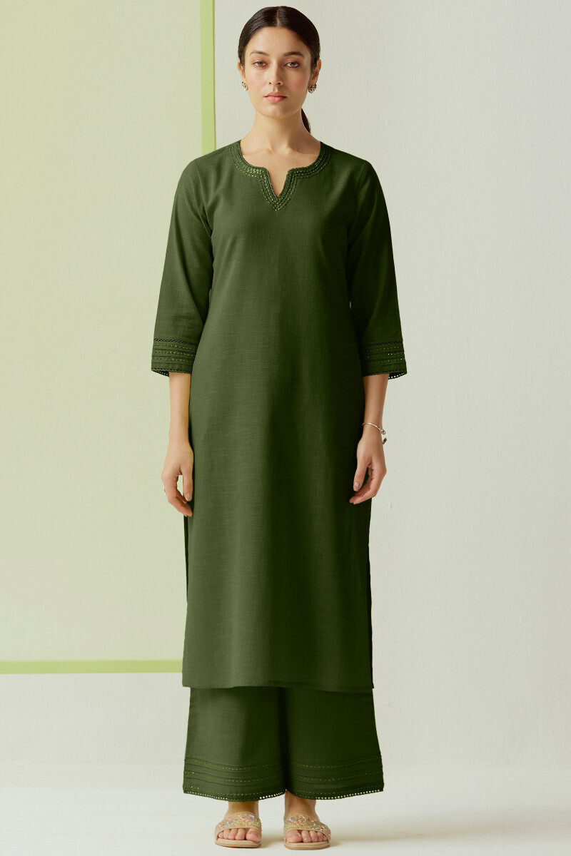 Green Handcrafted Straight Gauze Slub Kurta