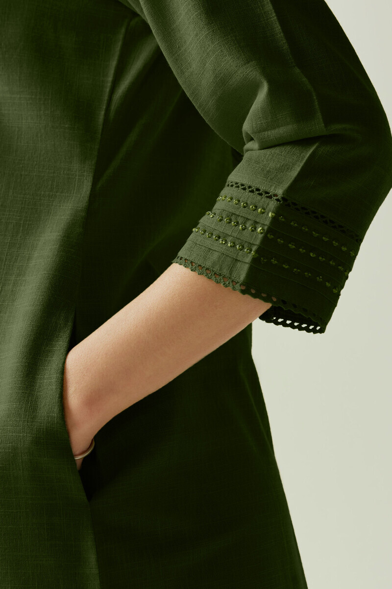 Green Handcrafted Straight Gauze Slub Kurta