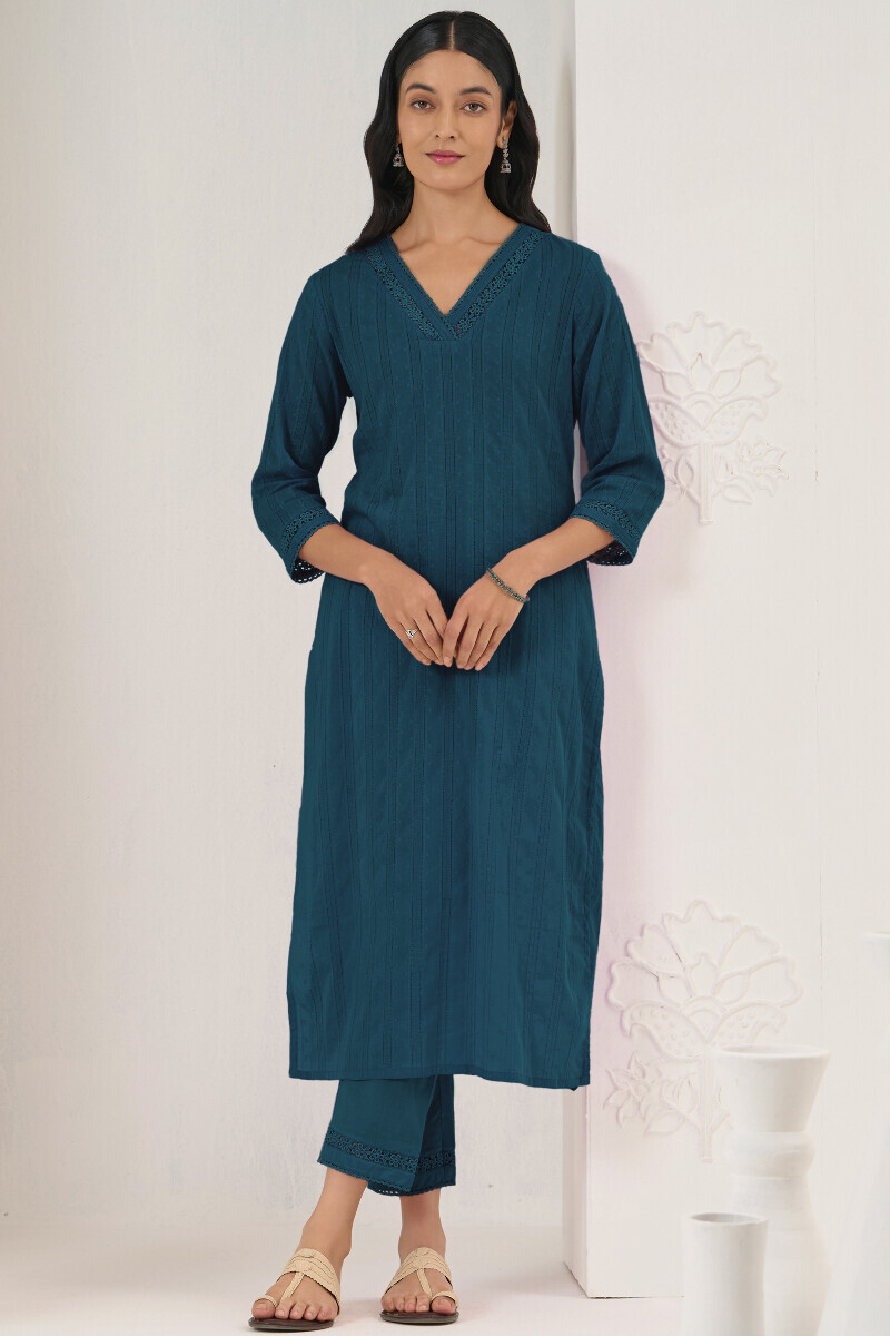 Navy Blue Handcrafted Straight Ram Buta Kurta