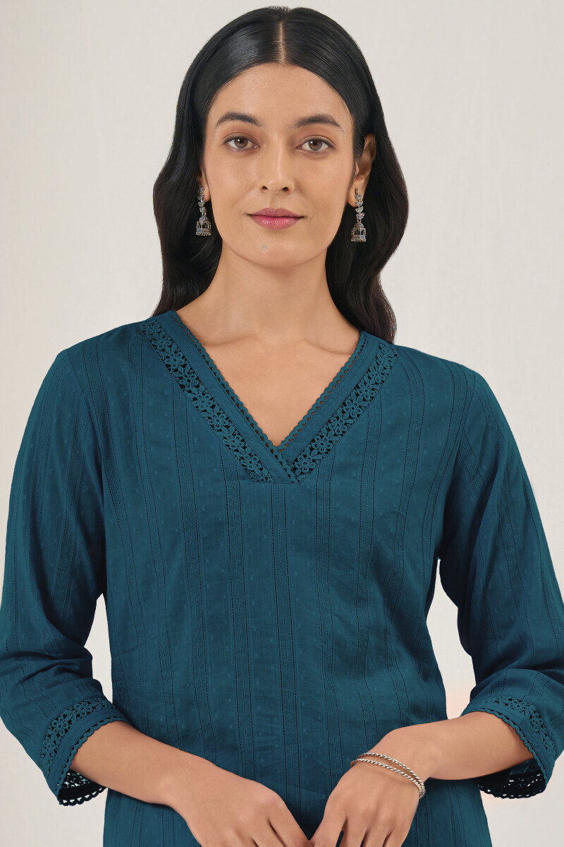 Navy Blue Handcrafted Straight Ram Buta Kurta