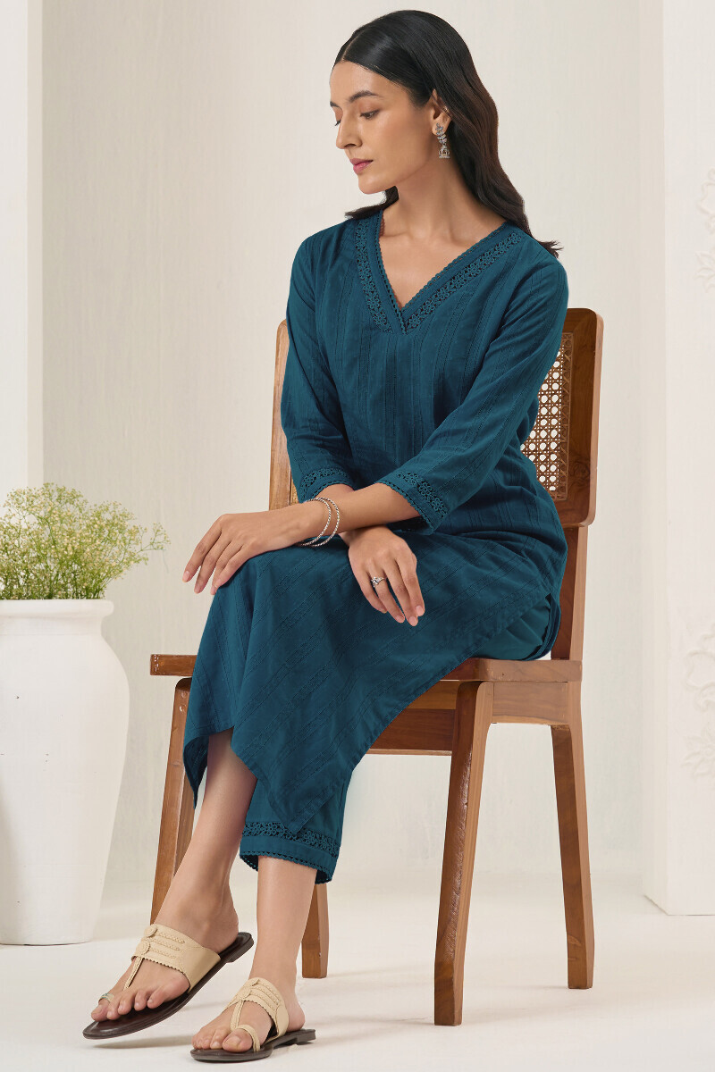 Navy Blue Handcrafted Straight Ram Buta Kurta
