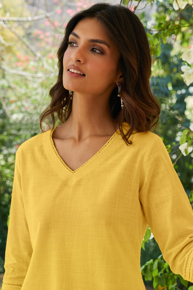 Yellow Handcrafted Straight Gauze Slub Kurta