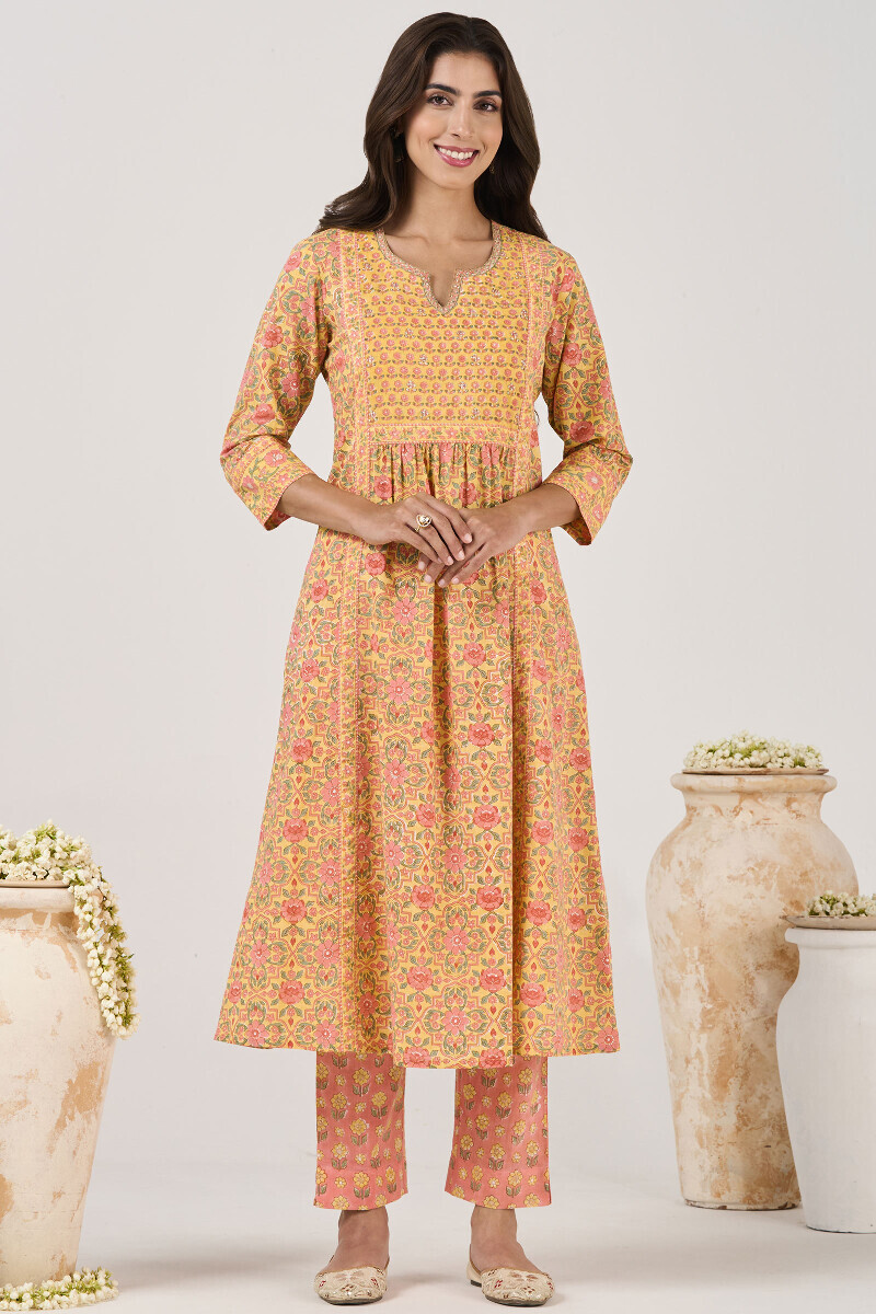 Yellow Hand Block Printed A-Line Cotton Slub Kurta