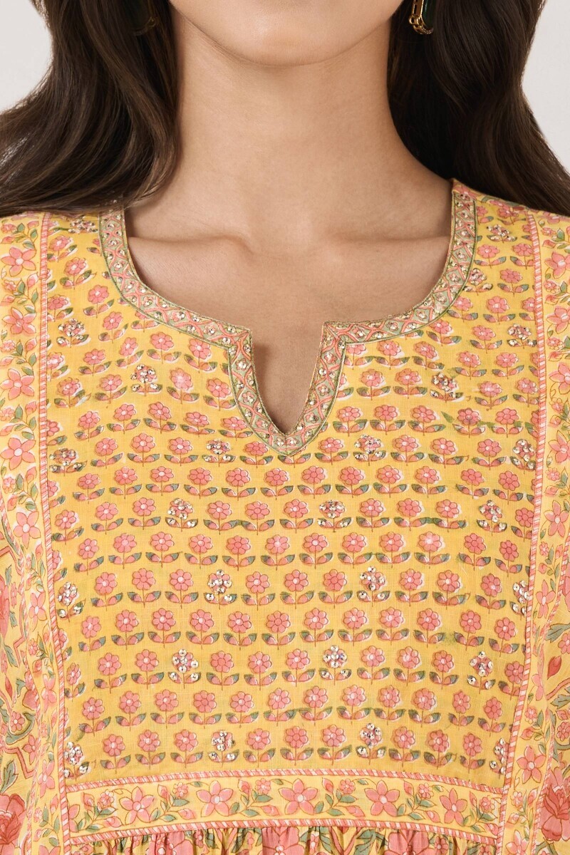 Yellow Hand Block Printed A-Line Cotton Slub Kurta