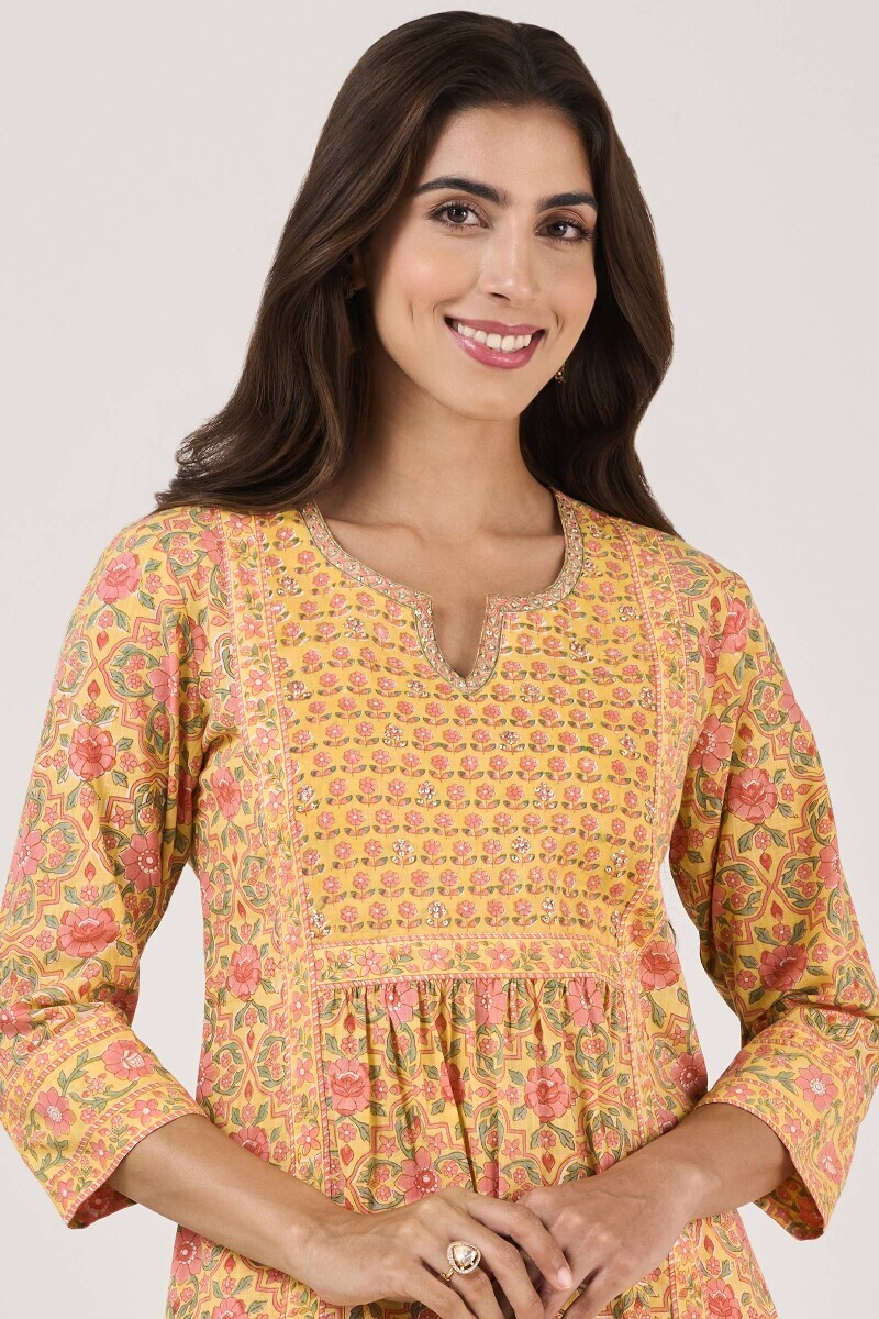 Yellow Hand Block Printed A-Line Cotton Slub Kurta