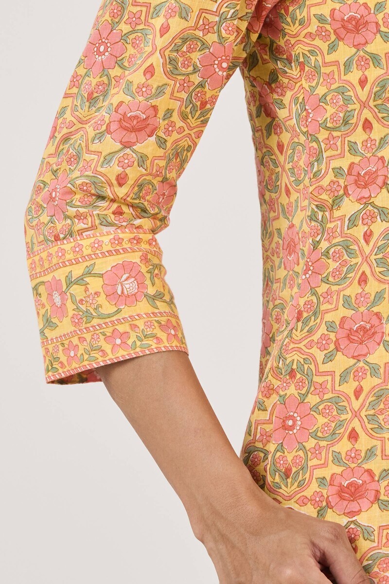 Yellow Hand Block Printed A-Line Cotton Slub Kurta