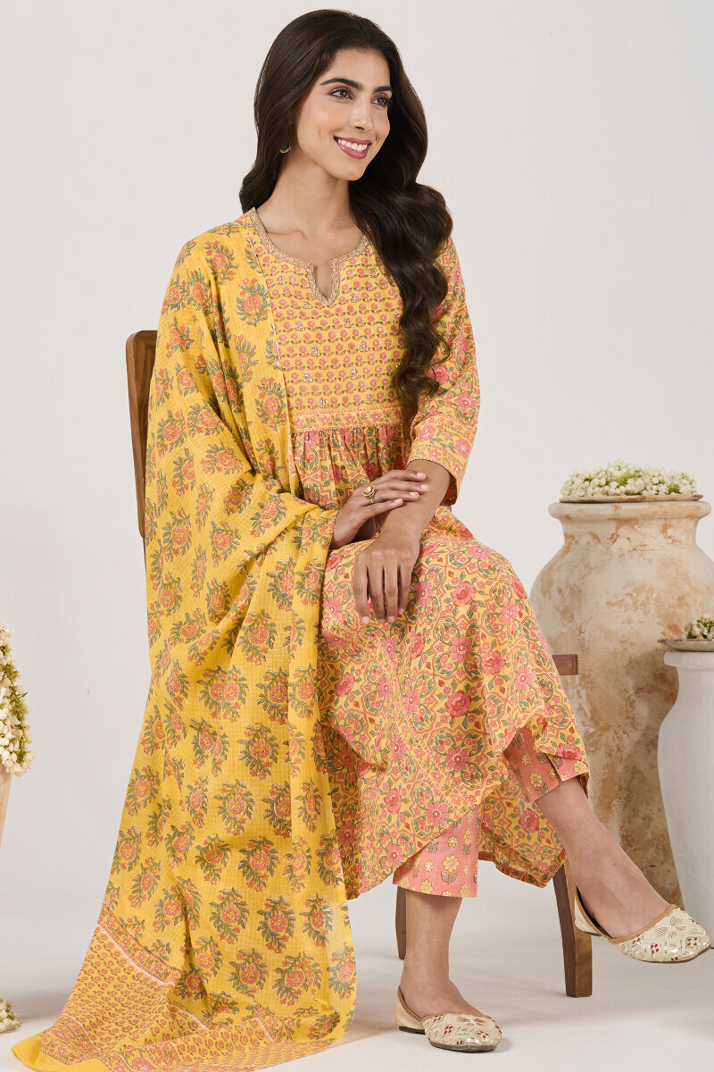 Yellow Hand Block Printed A-Line Cotton Slub Kurta