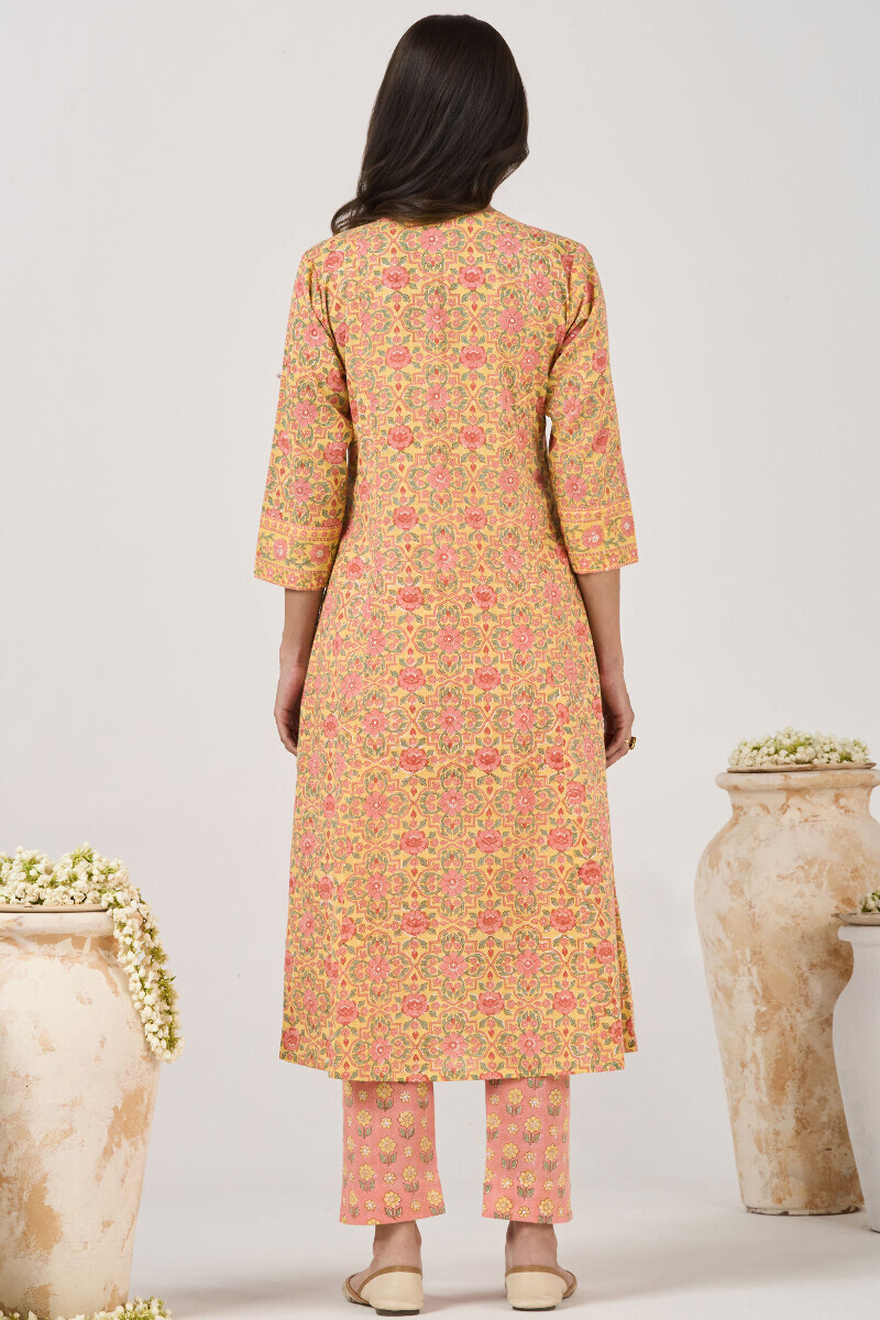 Yellow Hand Block Printed A-Line Cotton Slub Kurta