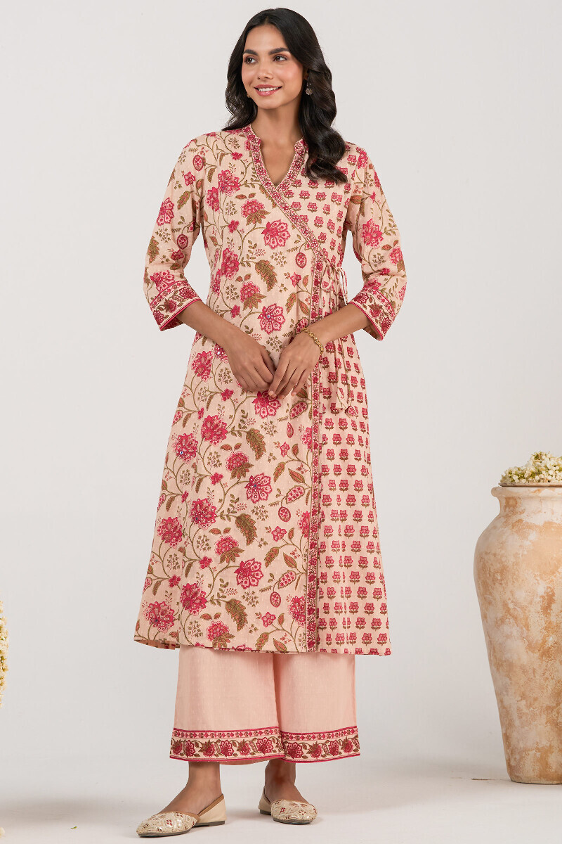 Pink Hand Printed Angrakha Ram Buta Kurta