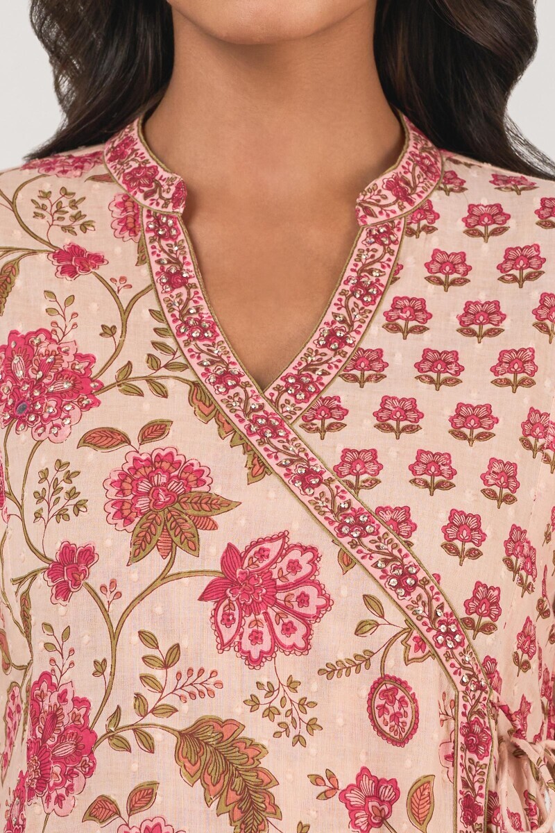 Pink Hand Printed Angrakha Ram Buta Kurta