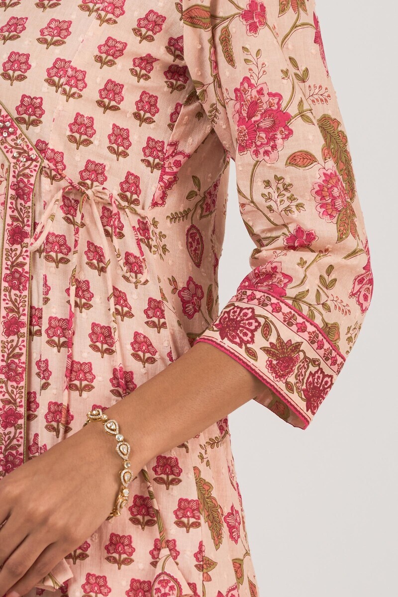 Pink Hand Printed Angrakha Ram Buta Kurta