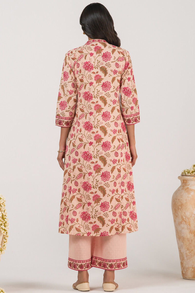 Pink Hand Printed Angrakha Ram Buta Kurta