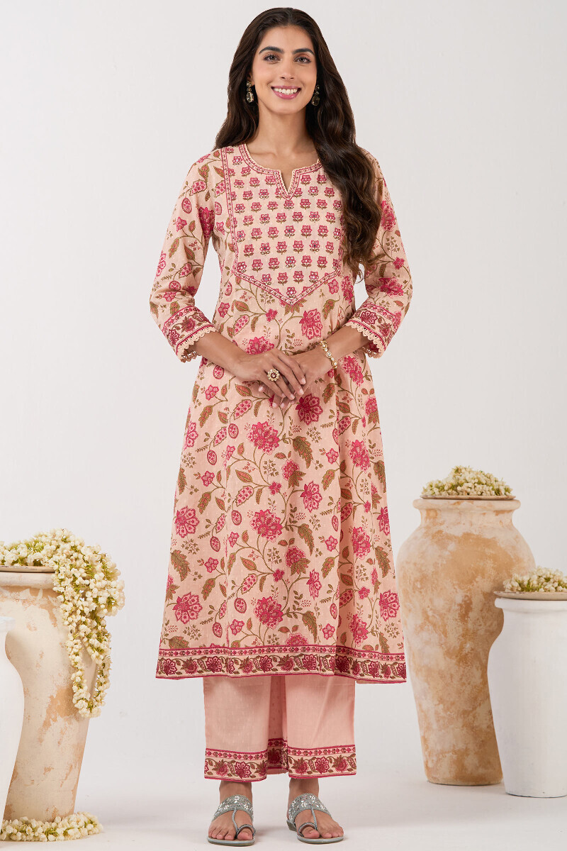 Pink Hand Printed A-Line Ram Buta Kurta