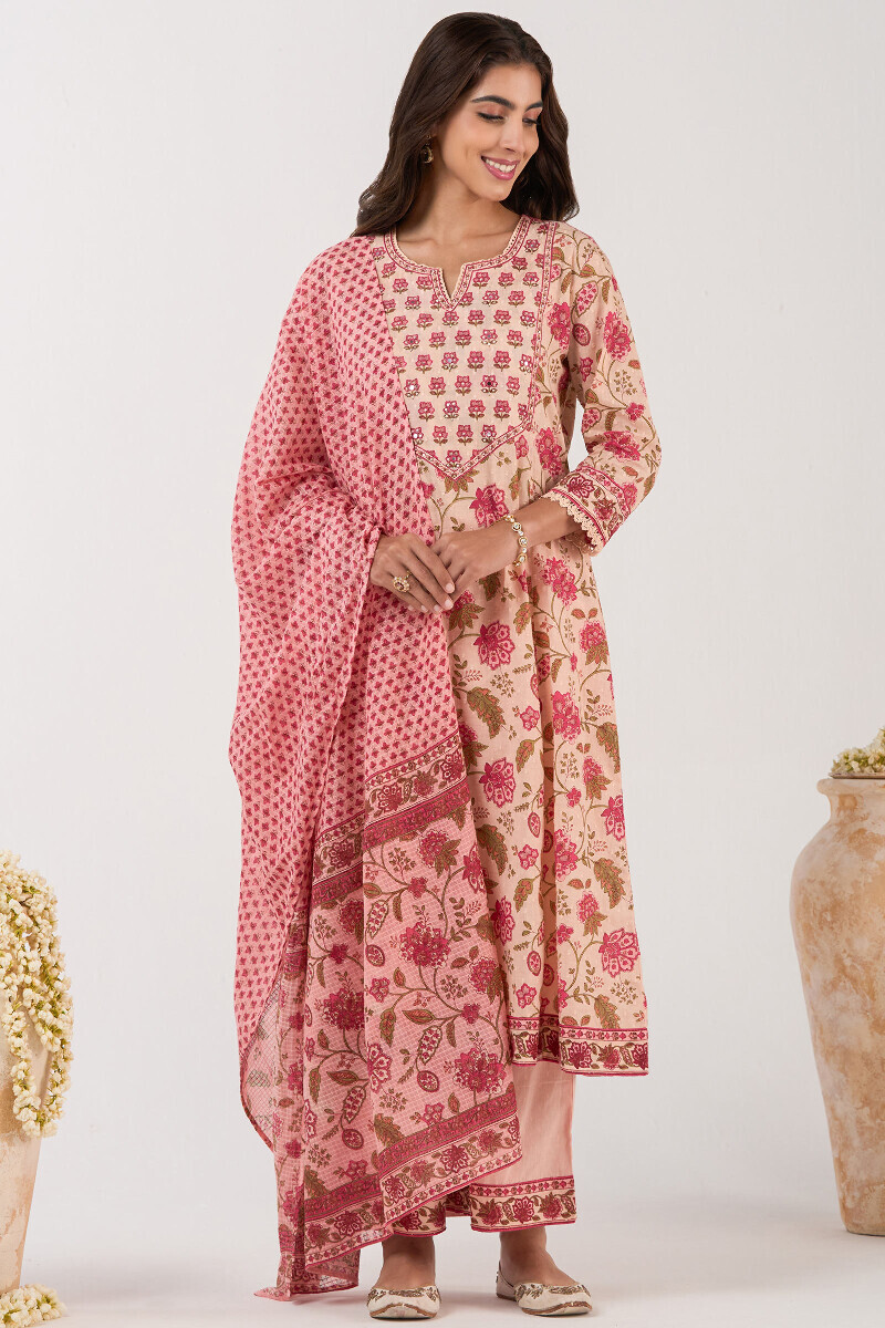 Pink Hand Printed A-Line Ram Buta Kurta
