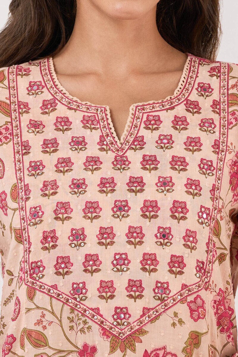 Pink Hand Printed A-Line Ram Buta Kurta