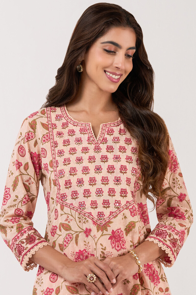 Pink Hand Printed A-Line Ram Buta Kurta