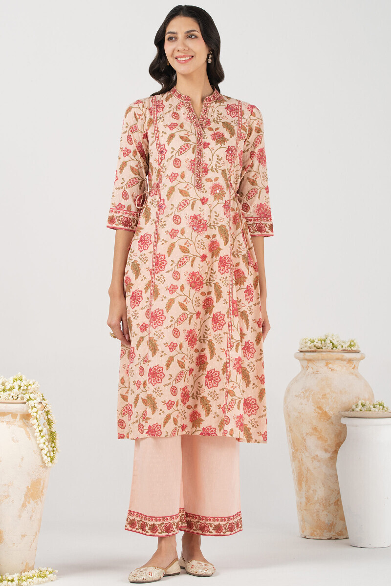 Pink Hand Printed A-Line Ram Buta Kurta