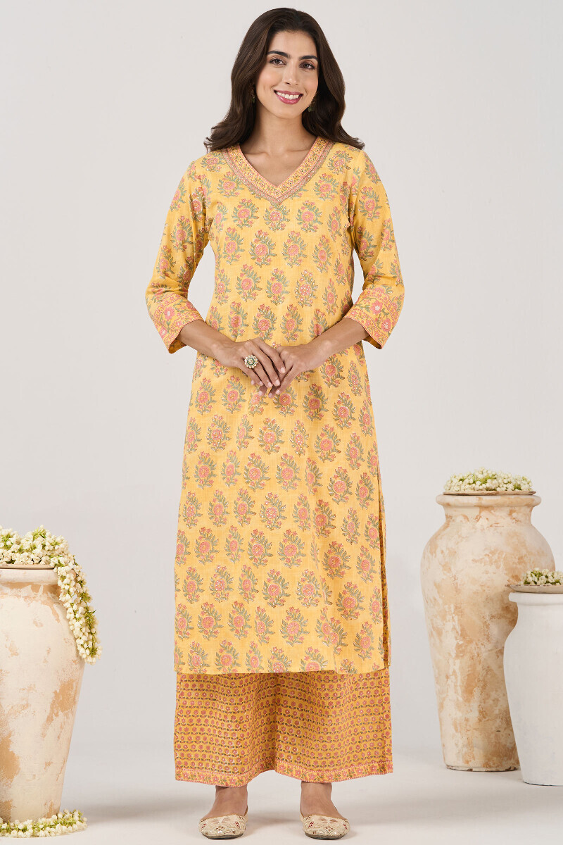 Yellow Hand Block Printed Straight Cotton Slub Kurta