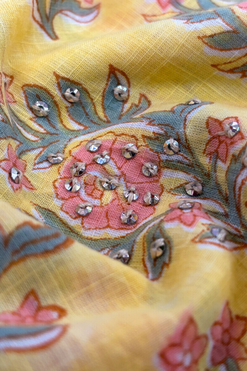 Yellow Hand Block Printed Straight Cotton Slub Kurta