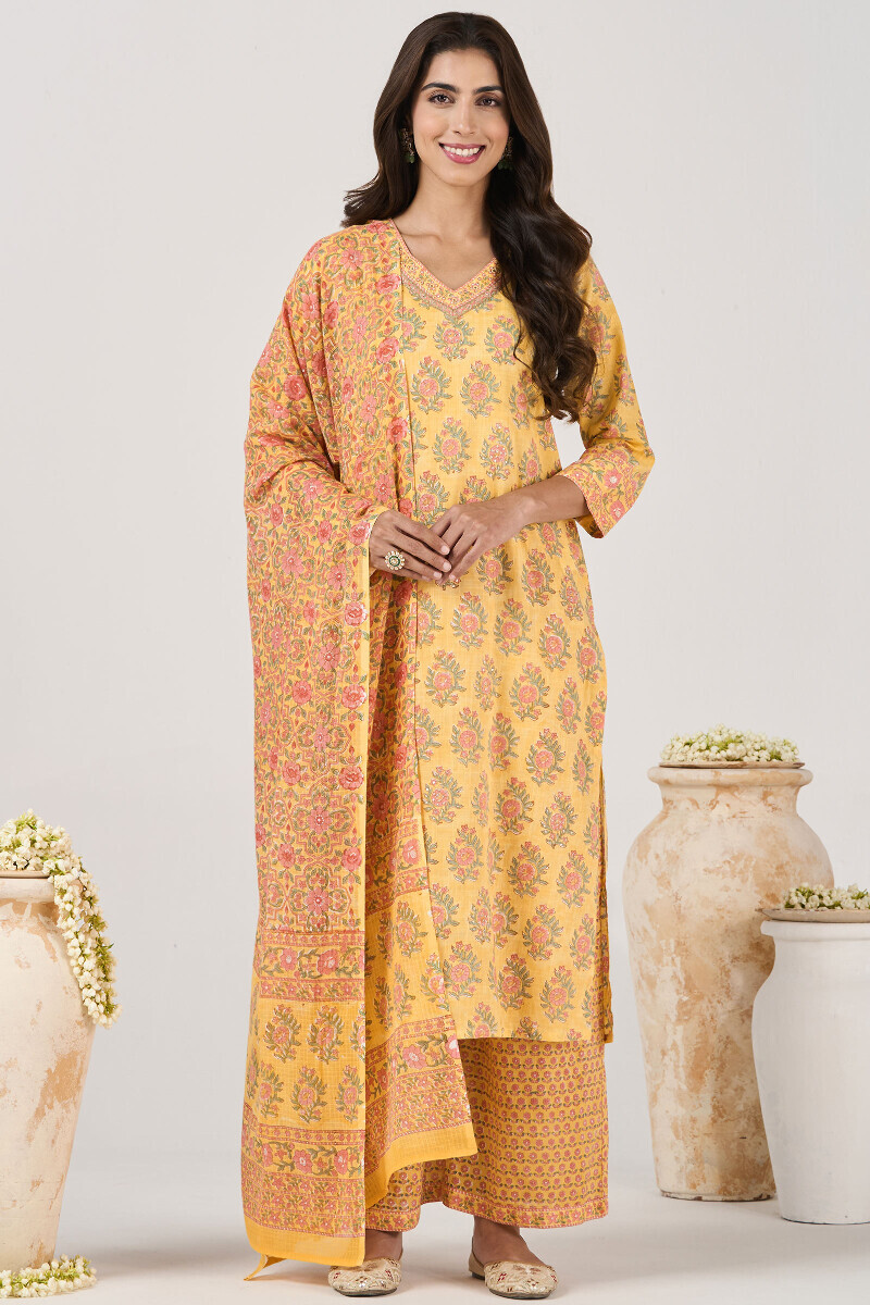 Yellow Hand Block Printed Straight Cotton Slub Kurta