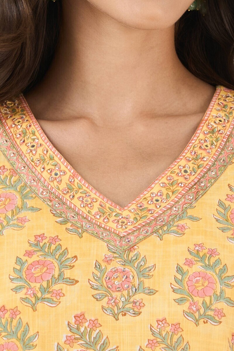 Yellow Hand Block Printed Straight Cotton Slub Kurta