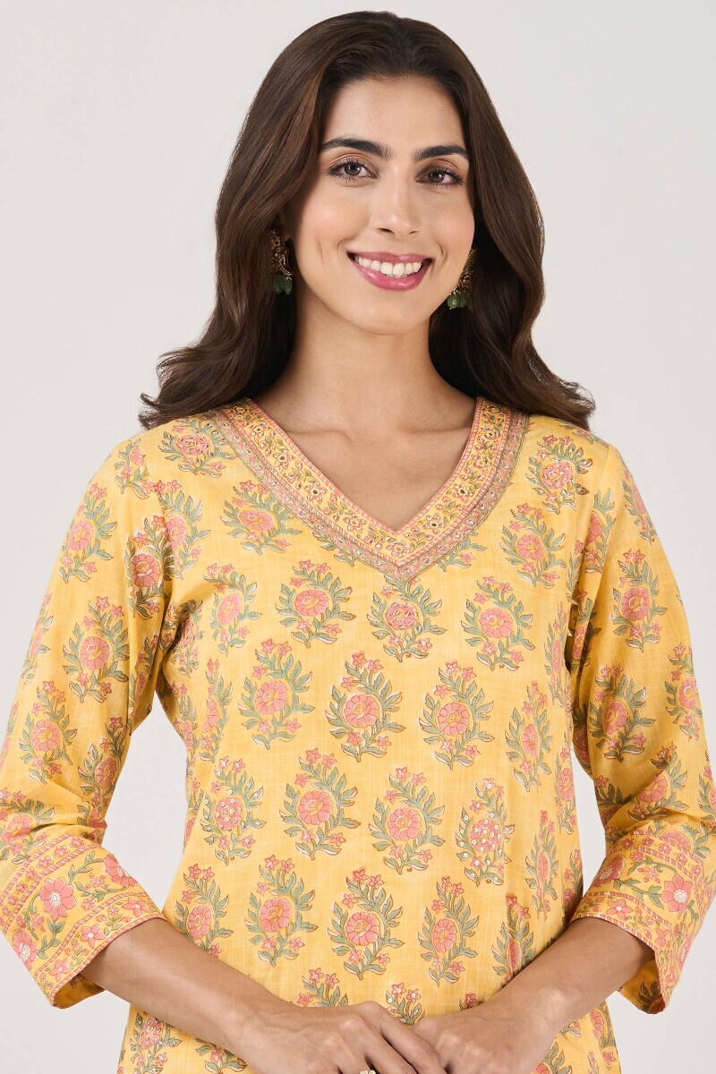 Yellow Hand Block Printed Straight Cotton Slub Kurta