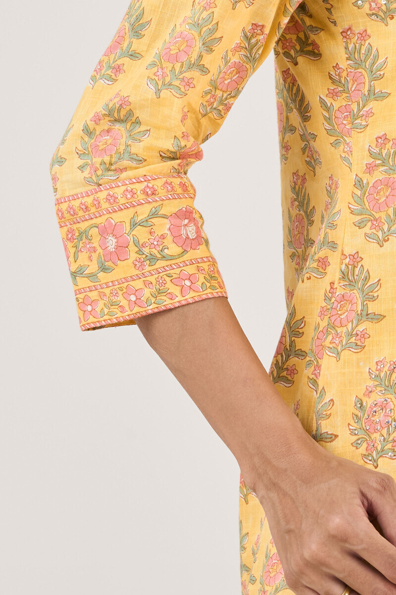Yellow Hand Block Printed Straight Cotton Slub Kurta