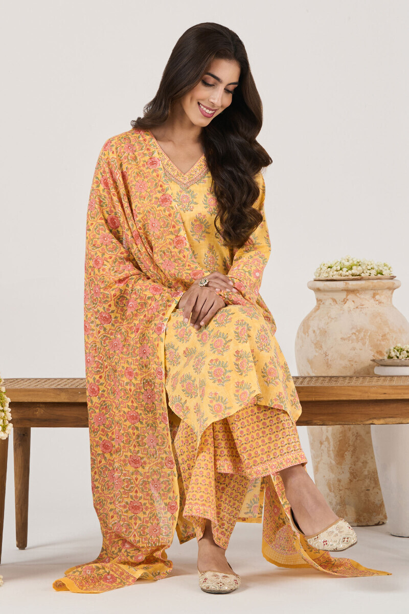 Yellow Hand Block Printed Straight Cotton Slub Kurta