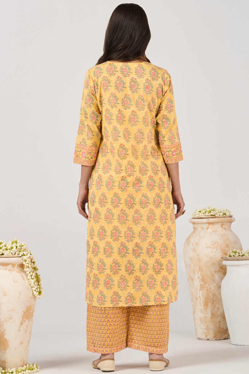 Yellow Hand Block Printed Straight Cotton Slub Kurta