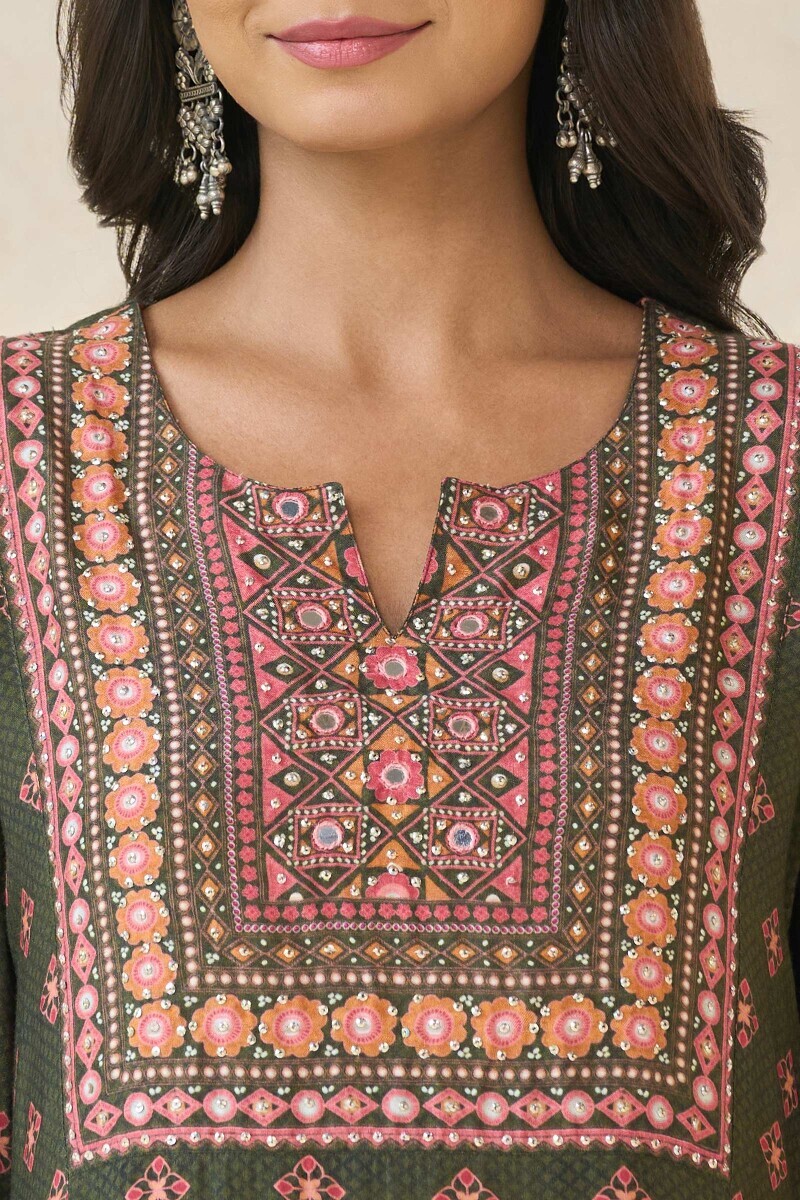 Green Printed Straight Viscose Kurta