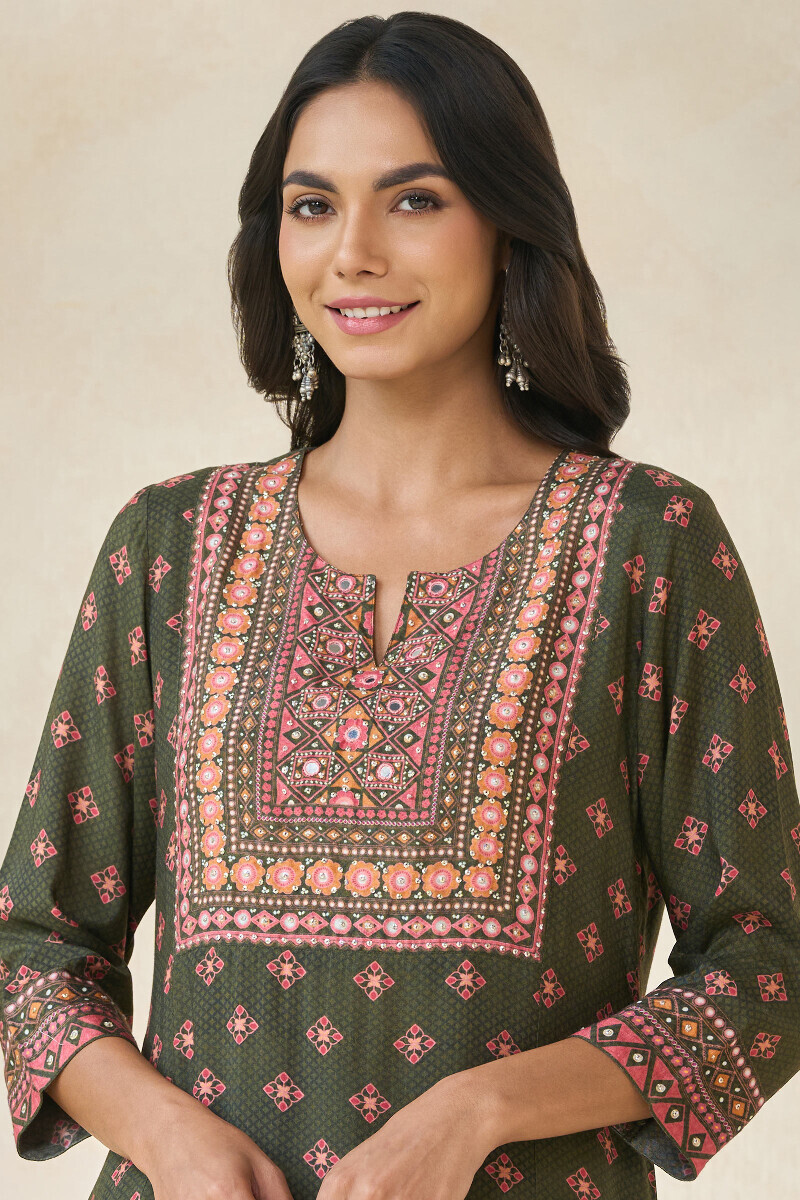 Green Printed Straight Viscose Kurta