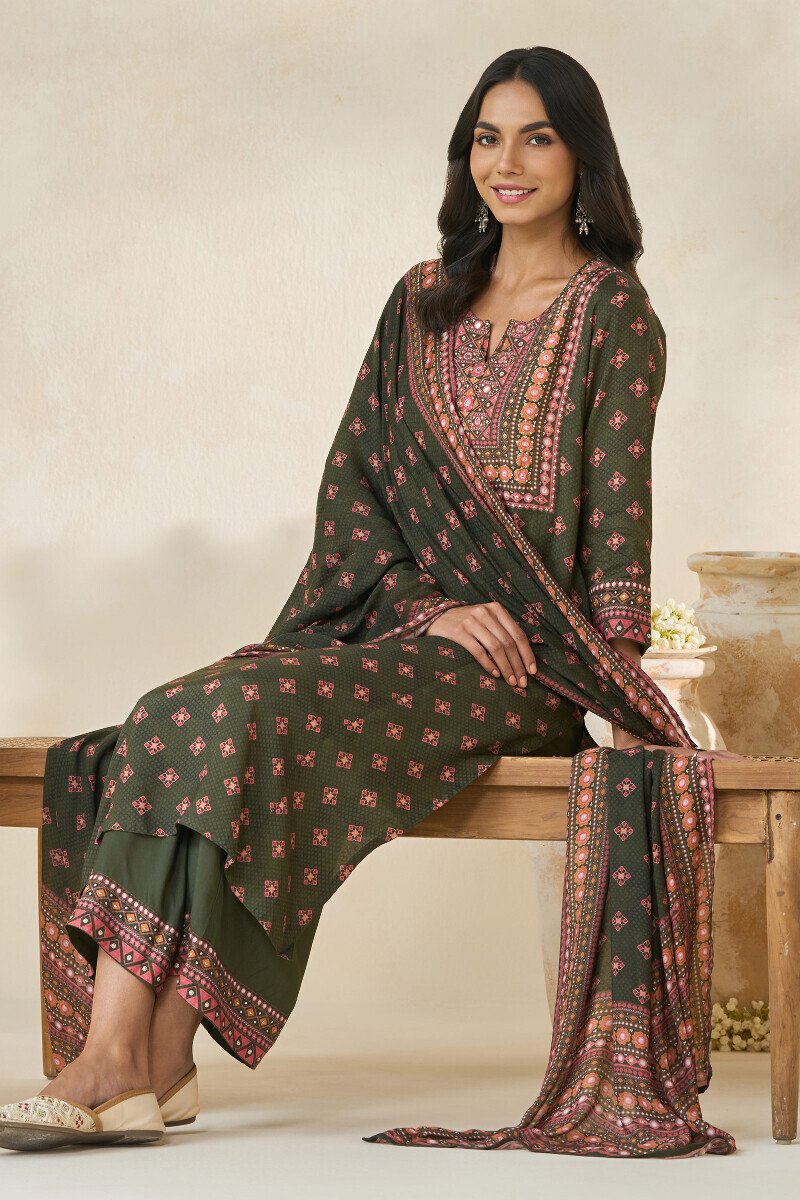 Green Printed Straight Viscose Kurta
