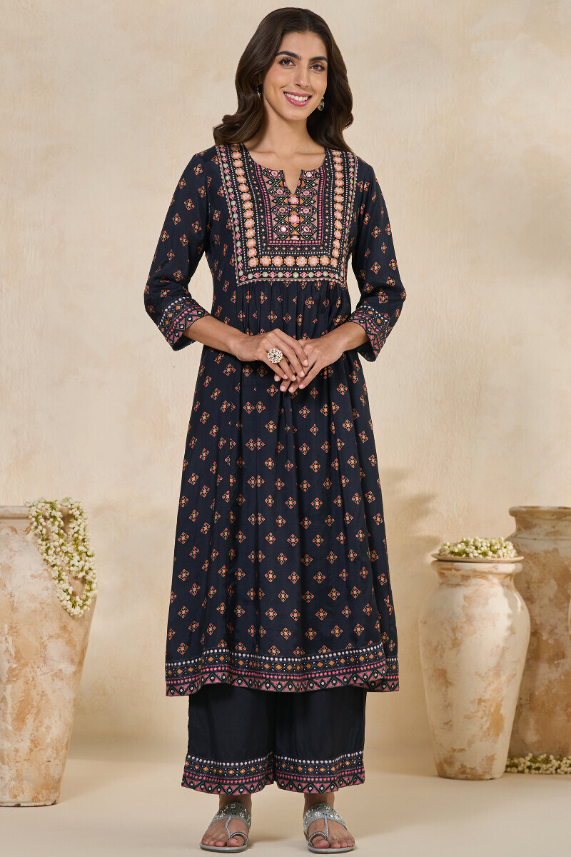 Black Printed A-Line Viscose Kurta