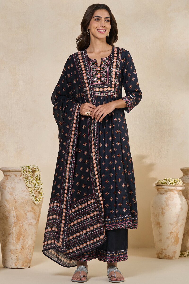 Black Printed A-Line Viscose Kurta