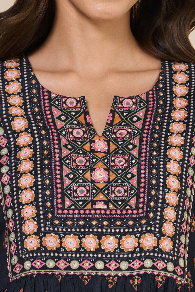 Black Printed A-Line Viscose Kurta