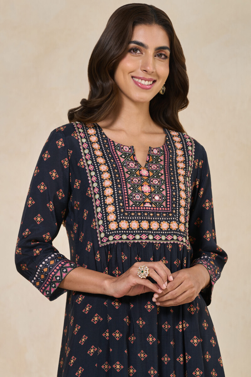 Black Printed A-Line Viscose Kurta