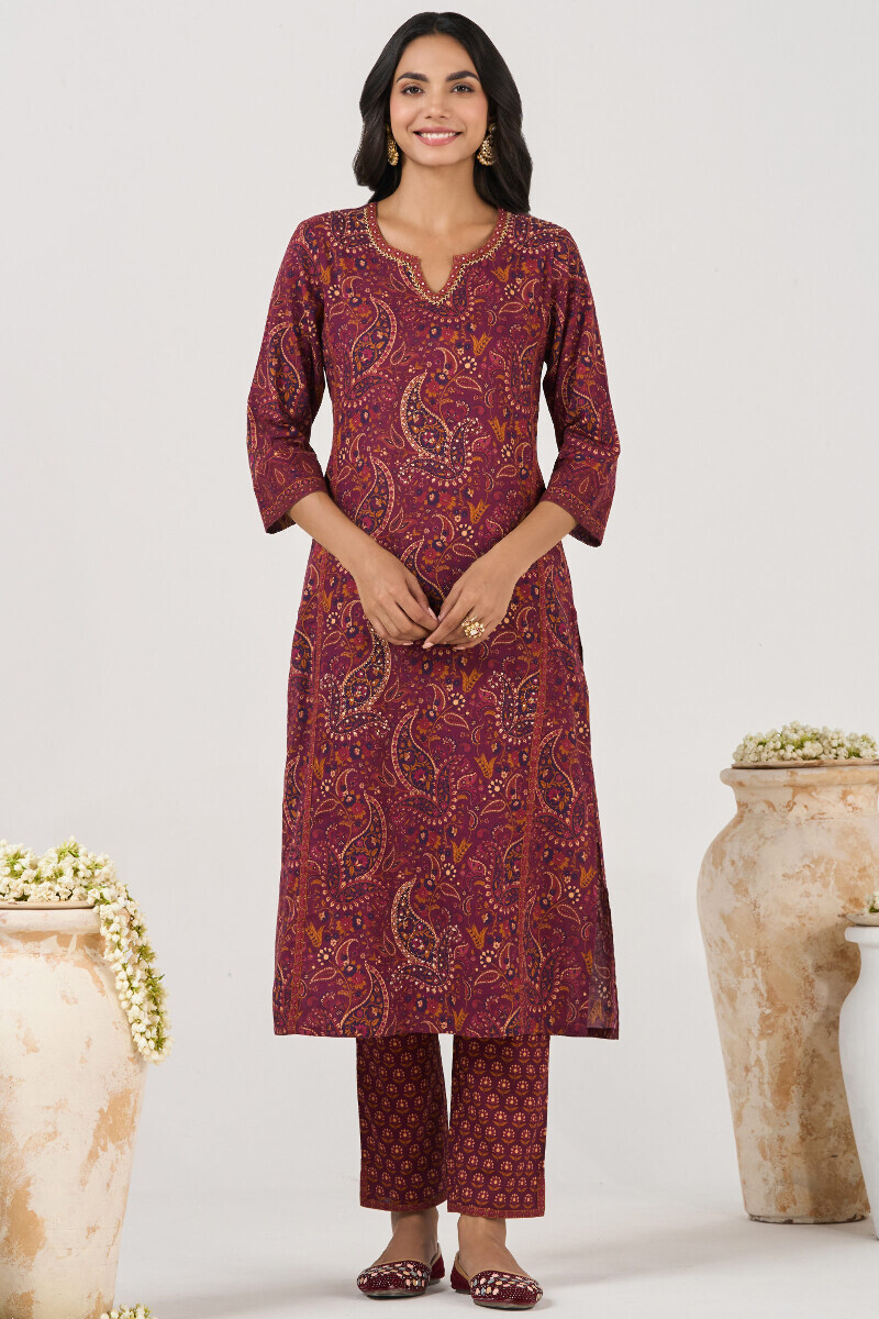 Purple Printed Straight Cotton Kurta