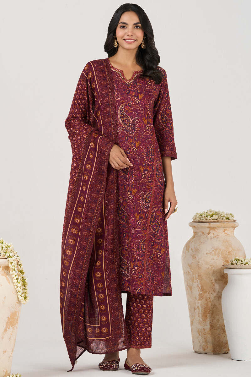 Purple Printed Straight Cotton Kurta
