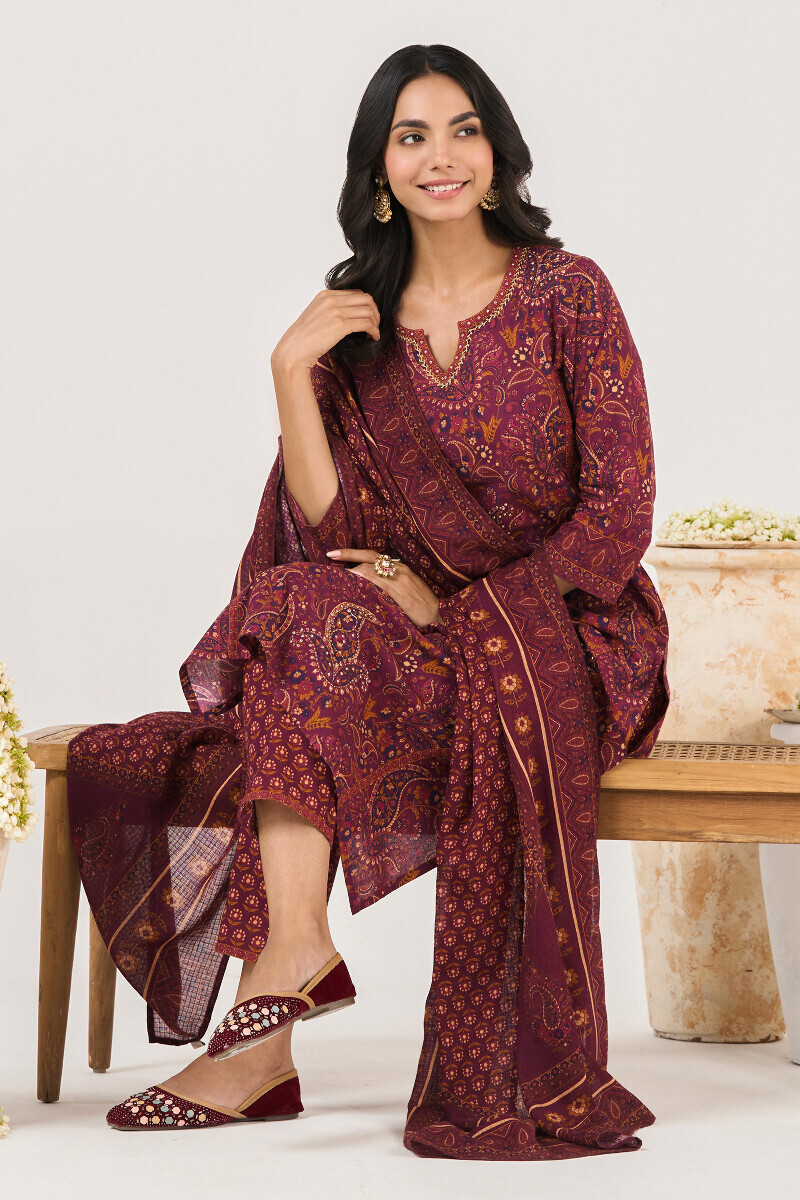 Purple Printed Straight Cotton Kurta