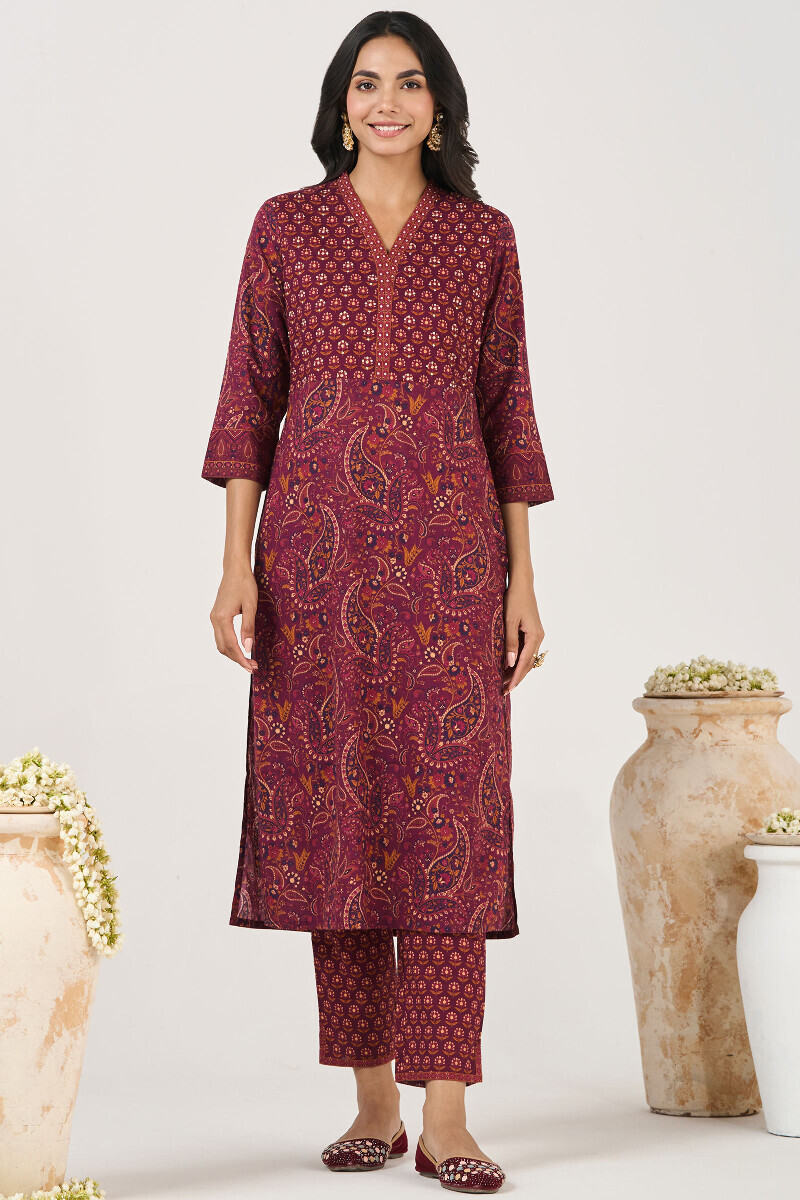 Purple Printed Straight Cotton Kurta