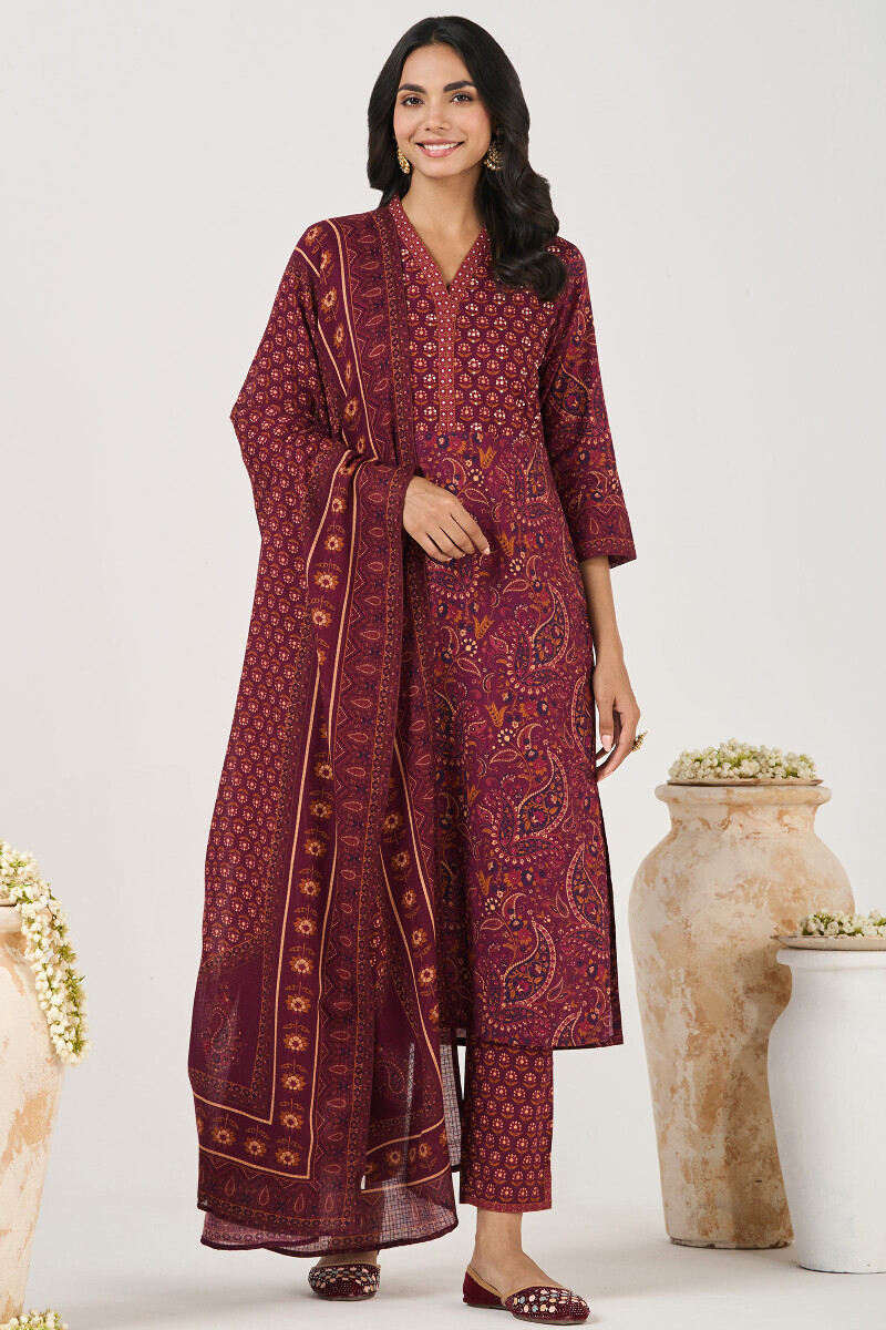 Purple Printed Straight Cotton Kurta